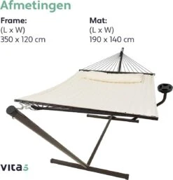 Vita5 Hangmat Met Standaard En Spreidstok – 2 Persoons – Incl. Bekerhouder - Afneembaar Kussen – Uv-bestendig – Beige -Tuinwinkel 1152x1200