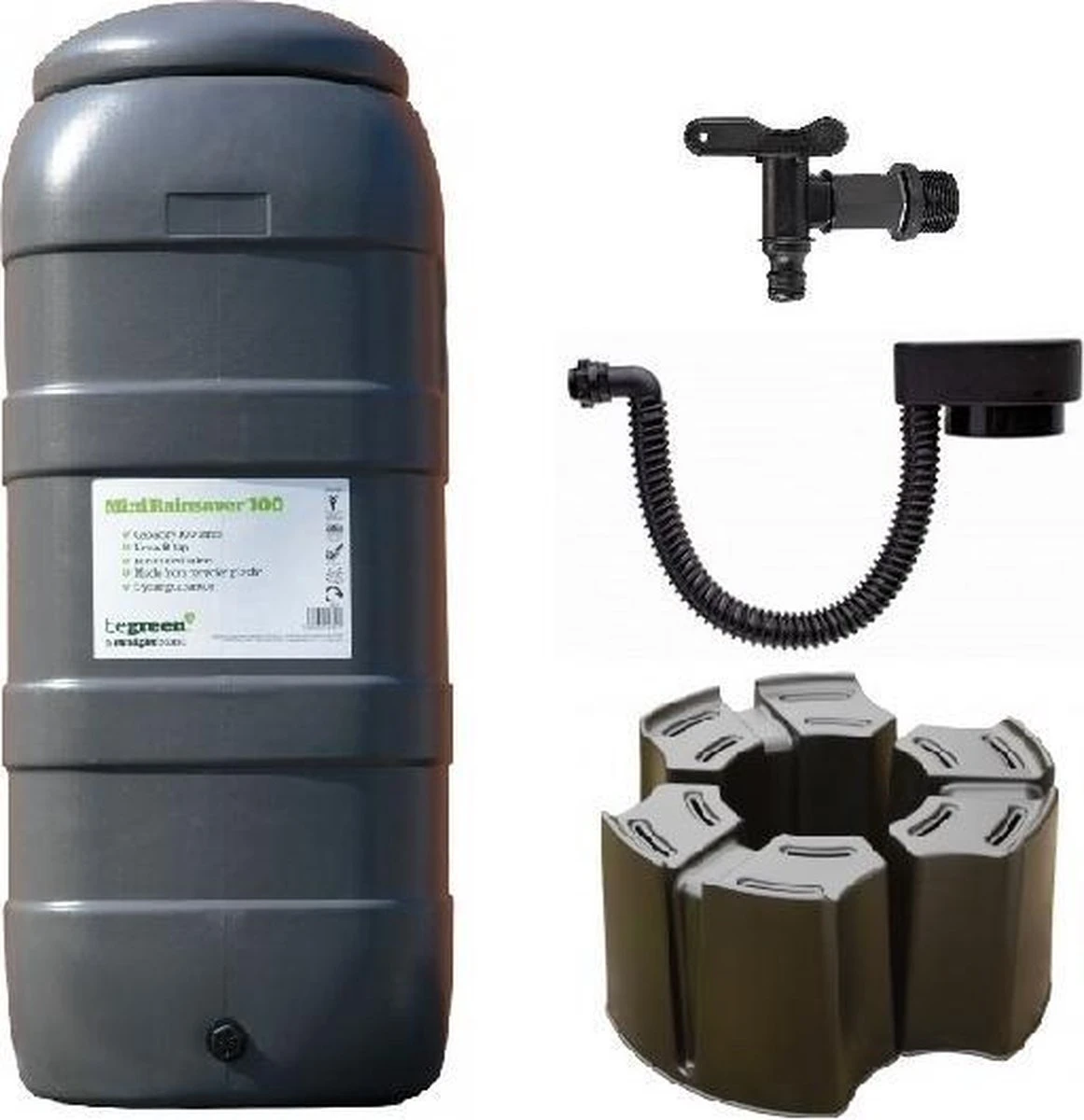 Luxe Voordeelset 100L Antraciet Rainsaver Regenton + Kraan + Voet + Vulautomaat| Muurmodel 1 Luxe Voordeelset 100L Antraciet Rainsaver Regenton + Kraan + Voet + Vulautomaat| Muurmodel