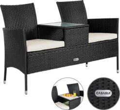 Casaria Polyrattan Tuinbank - Incl. Kussen - 143x55x88 Cm Zwart -Tuinwinkel 1200x1101