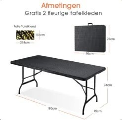 Lenx Klaptafel - Inklapbare Tafel - Opvouwbare Tuintafel - Vouwtafel - Inclusief Handvat En 2 Tafelkleden - 180x75x74cm - 6 Tot 8 Personen -Tuinwinkel 1200x1179 1