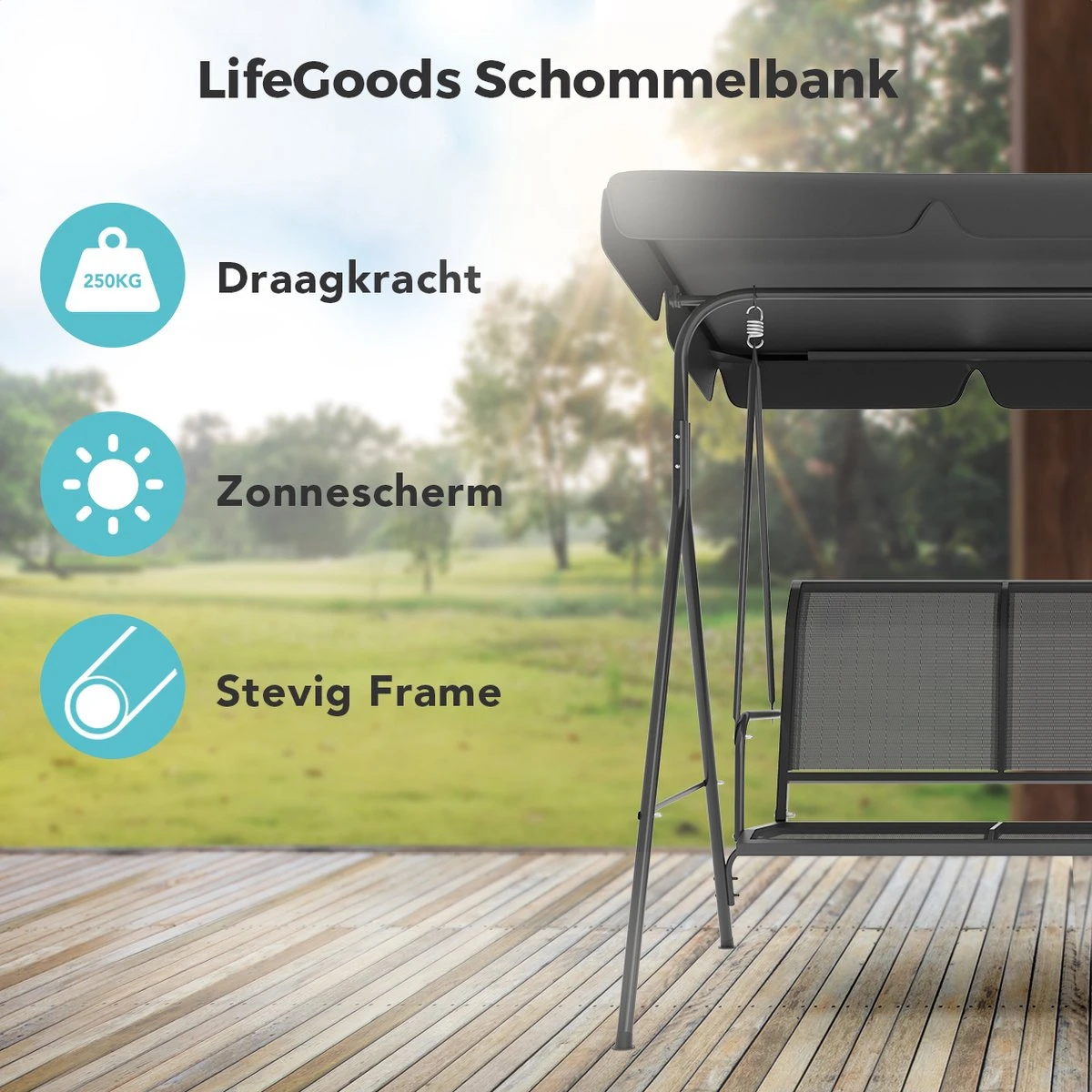 LifeGoods Schommelbank - 3-zits - Tot 250KG - Kantelbaar Dak - UV-bestendig Zonnescherm - 172x104x162cm - Grijs 2 LifeGoods Schommelbank - 3-zits - Tot 250KG - Kantelbaar Dak - UV-bestendig Zonnescherm - 172x104x162cm - Grijs - Afbeelding 2
