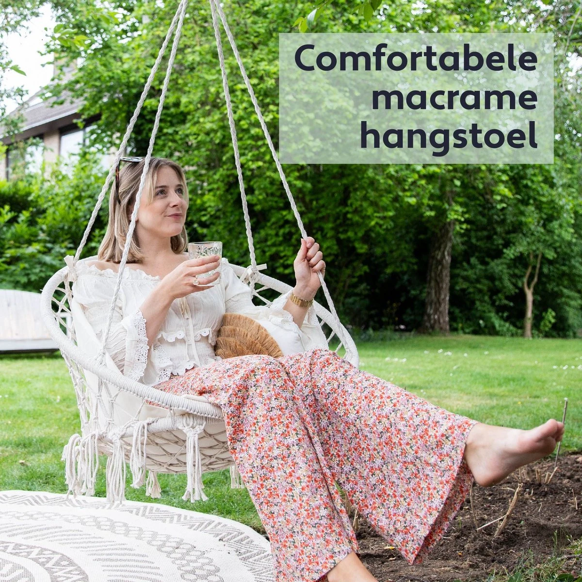 Vita5 Macramé Hangstoel - Voor Binnen En Buiten - Zonder Standaard - Incl. Kussen, Boekenvak En Beschermhoes - Tot 150kg - Beige 2 Vita5 Macramé Hangstoel - Voor Binnen En Buiten - Zonder Standaard - Incl. Kussen, Boekenvak En Beschermhoes - Tot 150kg - Beige - Afbeelding 2
