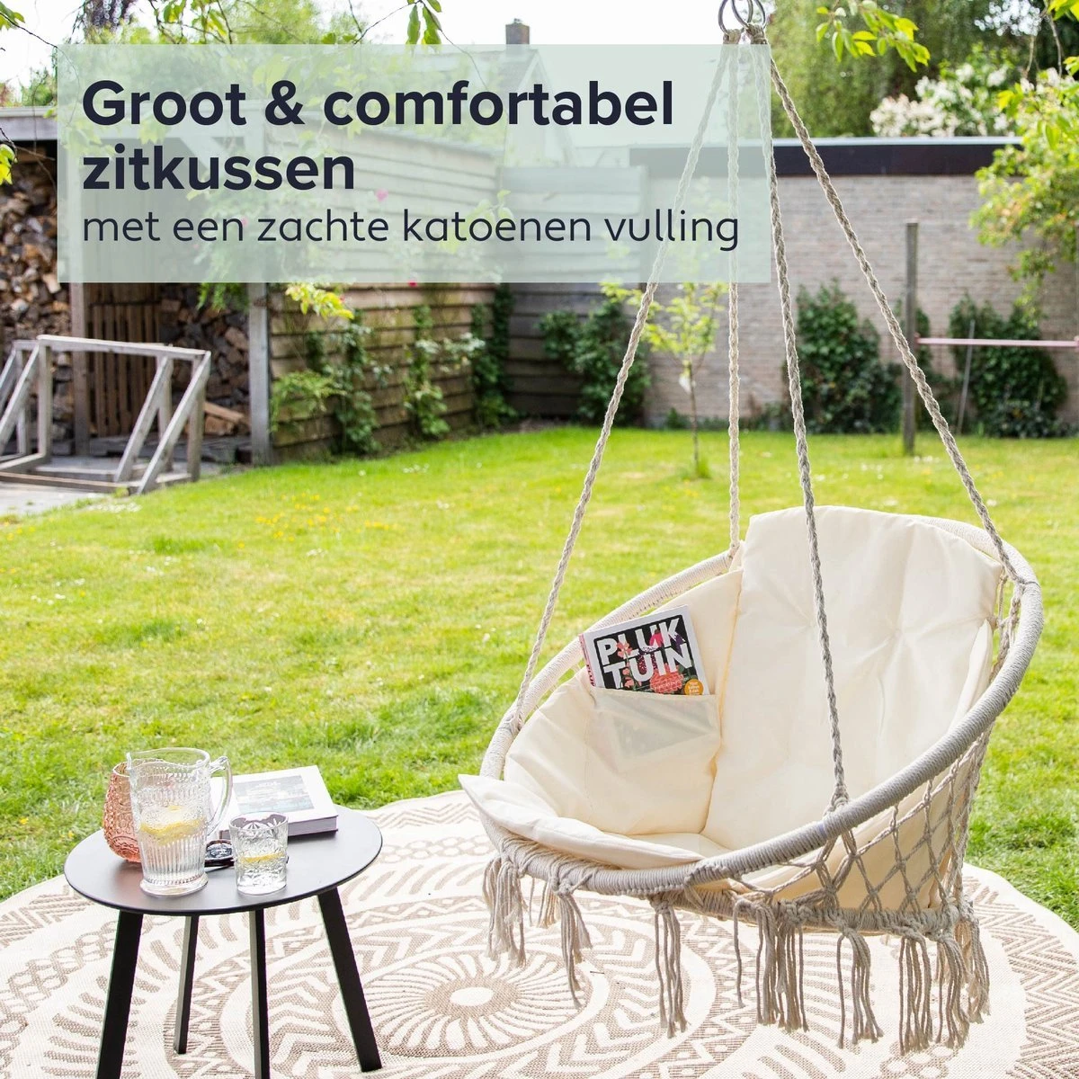 Vita5 Macramé Hangstoel - Voor Binnen En Buiten - Zonder Standaard - Incl. Kussen, Boekenvak En Beschermhoes - Tot 150kg - Beige 7 Vita5 Macramé Hangstoel - Voor Binnen En Buiten - Zonder Standaard - Incl. Kussen, Boekenvak En Beschermhoes - Tot 150kg - Beige - Afbeelding 7