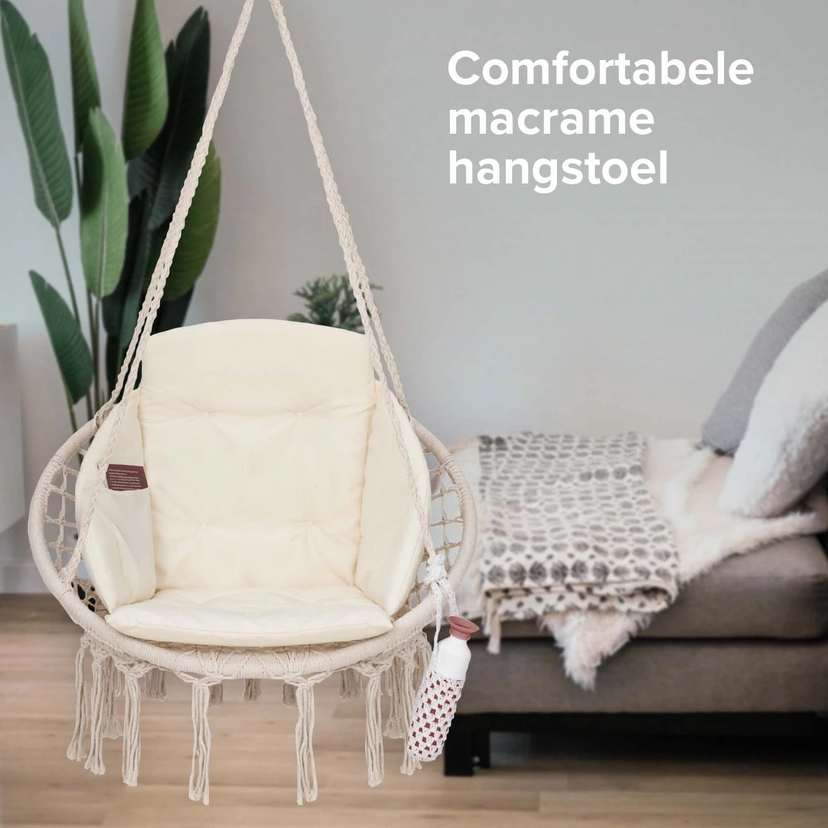 Vita5 Macramé Hangstoel - Voor Binnen En Buiten - Zonder Standaard - Incl. Kussen, Boekenvak En Beschermhoes - Tot 150kg - Beige 8 Vita5 Macramé Hangstoel - Voor Binnen En Buiten - Zonder Standaard - Incl. Kussen, Boekenvak En Beschermhoes - Tot 150kg - Beige - Afbeelding 8
