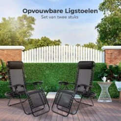 LifeGoods Opvouwbare Tuinstoelen - Verstelbaar Zonnescherm - 2 Stuks - 30°-90° Verstelbaar - Metaal - Zwart -Tuinwinkel 1200x1200 90