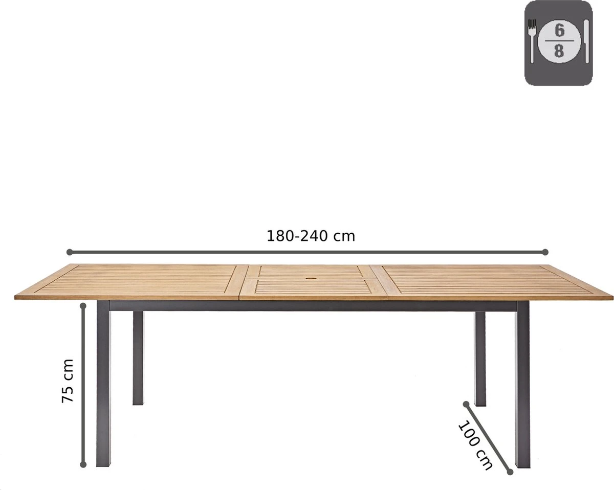 NATERIAL - Uitschuifbare Tuintafel ORIS - Uitschuifbare Tafel Voor 6 Tot 8 Personen - 180-240x100 Cm - Aluminium - Hout Eucalyptus 3 NATERIAL - Uitschuifbare Tuintafel ORIS - Uitschuifbare Tafel Voor 6 Tot 8 Personen - 180-240x100 Cm - Aluminium - Hout Eucalyptus - Afbeelding 3